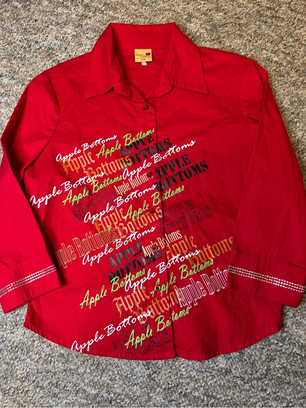 Apple Bottoms Y2K Red Script-Print Long Sleeve Button-Down Shirt